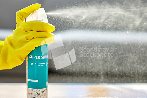 Image of Woman, hand glove or product spray for hygiene maintenance, spring cleaning or housekeeping for bacteria surface. Zoom, worker employee or maid cleaner with healthcare wellness container for safety