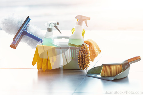 Image of Product, cleaning or basket with spray, soap or gloves in a container for messy, dirty or dusty bacteria. Spring cleaning, cleaning supplies or liquid soap chemicals in spray bottle for home