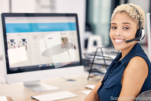 Image of Call center, portrait and woman telemarker working in customer support and customer service. Communication, agent and contact us or crm operator offering online telemarketing advice in agency