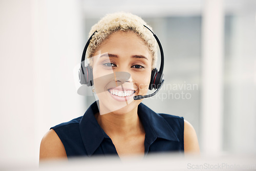 Image of Portrait, call center and black woman for telemarketing, .consulting and conversation in office. Female agent, lady and consultant for client service, customer support and talking to help and headset