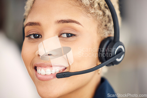 Image of Closeup portrait, call center and agent woman with smile, happiness and headset in customer support. Happy crm, customer service expert or consultant for communication by blurred background in office