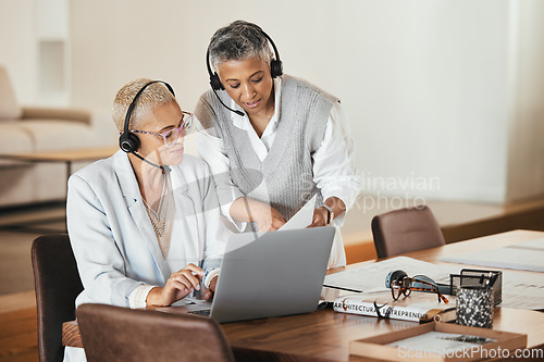 Image of Laptop, consulting and woman help mentor while doing presentation in a virtual meeting, documents and strategy. Team, virtual and business woman coaching online seminar while training her assistant