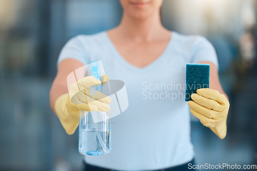 Image of cleaner hands, spray and sponge for cleaning in office for business safety, healthcare and clean bacteria or dust. Cleaning products, maintenance and maid cleaning service with disinfection chemicals