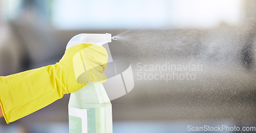 Image of Cleaning, housekeeping and hands with detergent from spray bottle for disinfection, bacteria and household safety. Spring cleaning, housework and maid with gloves spray cleaning products in air