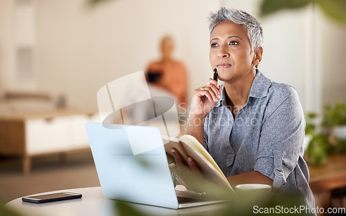 Image of Office, thinking and mature woman with idea for creative startup business or schedule planning in notebook at desk. Freelance worker, designer or writer, pen in hand working on ideas in modern office