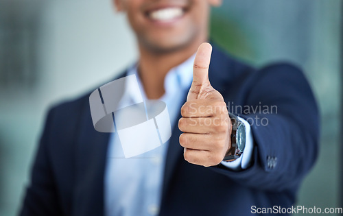 Image of Thumbs up, success and hand of businessman in the office with an approval, agreement or positive gesture. Happiness, successful and professional male employee with a thank you thumbsup in workplace.