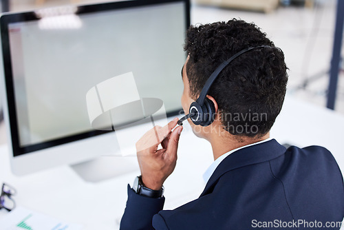 Image of Call center, mockup and consulting with businessman at computer for telemarketing, customer service or technical support. Communication, contact us and crm with help desk employee for ecommerce sales