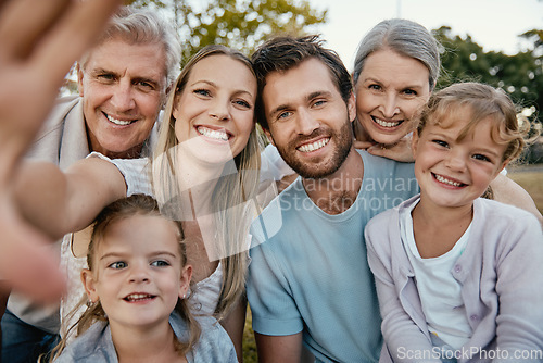 Image of Big family, portrait smile and selfie for happy quality bonding together for fun day in the nature park. Parents, grandparents and kids faces smiling for family time, photo or holiday in the outdoors