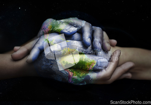 Image of Earth overlay, holding hands and sustainability support of people with global love and empathy. Sustainable, green and hands together for international help, eco friendly trust and ecology helping