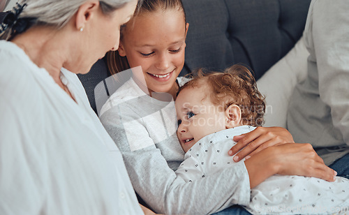 Image of Big family, baby and relax on sofa together in living room for love, support and children care. Grandparents, big sister and kid smile for happiness, quality time and bonding on couch in family home