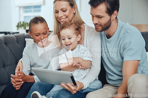 Image of Family, tablet and relax on sofa in home, having fun and bonding. Love, care and happy mother, father and girl with .baby streaming movie, video or social media with touchscreen in house living room.