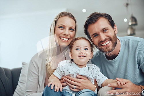 Image of Family, happy portrait and relax with baby on sofa in living room for love, support and quality time bonding. Parents smile, holding kid and happiness together for trust on couch in family home