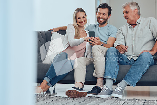 Image of Family, phone and relax on sofa in living room, bonding and having fun. Cellphone, tech and happy man, woman and grandpa on mobile smartphone on couch streaming video, social media or web browsing.