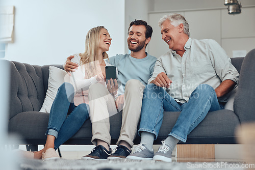 Image of Family, phone and relax on sofa in home, having fun and bonding. Tech, cellphone and happy man, woman and grandfather with mobile smartphone laughing at comic meme on social media or funny video.