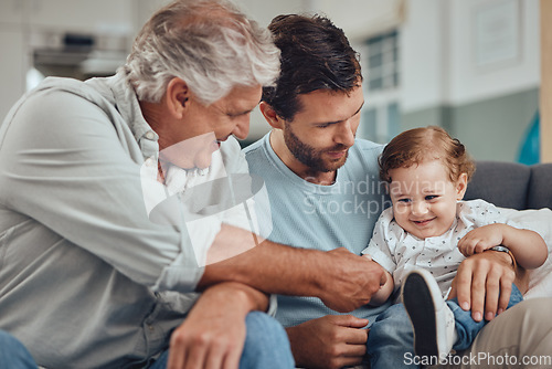 Image of Family, father and grandfather play with baby in home, having fun and bonding. Love, care and man with grandpa holding hand of happy child, playing and enjoying quality time together in living room.