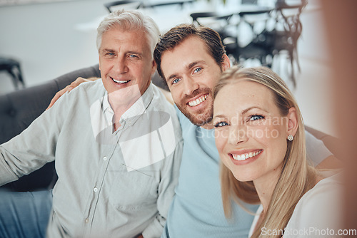 Image of Family, selfie and relax on sofa in living room, bonding and smiling. Care, love and portrait of grandfather, woman and man taking pictures for profile picture, social media or happy memory together