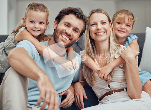 Image of Happy family, bonding parents or children hug in Canada house or home living room in trust, relax support or love security. Portrait, smile or kids with mother, father or man and embrace woman unity