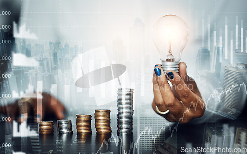 Image of Stock market, trading and savings of hands in finance planning, idea or growth in double exposure. Hand holding light bulb for stocks, investment or profit in analytics, money or marketing on overlay