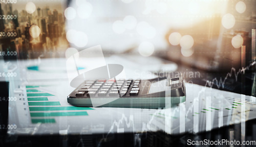 Image of Calculator, business data overlay and finance logistics graphic for tax, audit and investment. No people, fintech payroll hologram and data analytics of a trading company with financial web growth