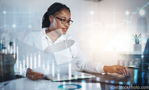 Image of Stock market graphic, black woman and ecommerce finance employee working on crypto and big data. Trading, online invest strategy and fintech worker with trader overlay of information technology