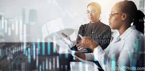 Image of Women, tablet or documents in futuristic finance management, stock market trading or investment data analysis. Financial workers, abstract 3d or chart analytics, teamwork collaboration or technology