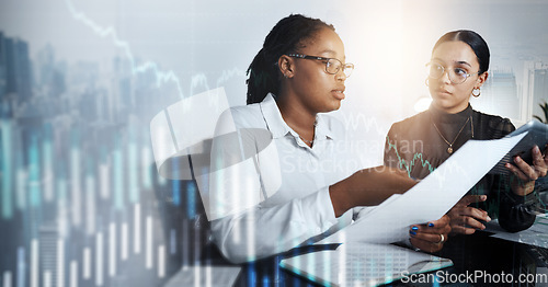 Image of Business people, finance and investment in strategy for analytics, stock market or trading with candle sticks in double exposure. Financial consultant or broker in planning or invest with overlay