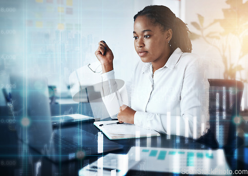 Image of Business, data and black woman in office with overlay, digital information for financial growth report. Technology, web and woman at desk with stock market documents and future online trade review.