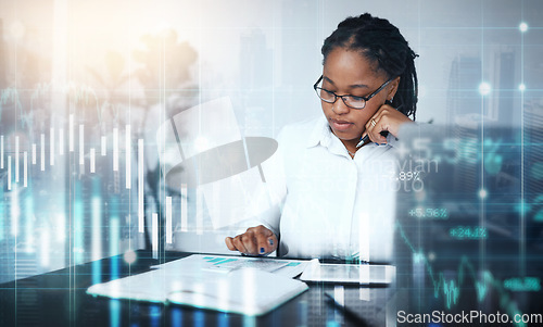 Image of Finance, overlay or black woman with calculator for stock market, cryptocurrency or forex investment strategy. Financial, holographic or focused trader trading or working on data analysis paperwork