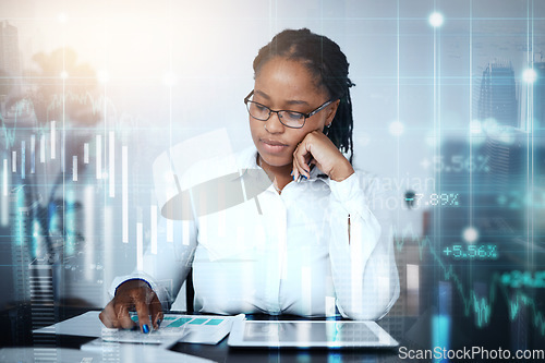 Image of Hologram, black woman and tablet for finance, futuristic trading and investment. Digital, financial advisor and African American female with fintech, trader and budget growth for wealth and savings.