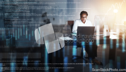 Image of Software, data and woman in office overlay working on digital finance report or futuristic data analysis. Digital transformation, erp and cyber economy growth with research in cryptocurrency trading.