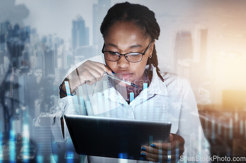 Image of Black woman, digital overlay and tablet in office for researching finance data. City double exposure, graphs or female with touchscreen for networking, internet browsing or web scrolling in workplace