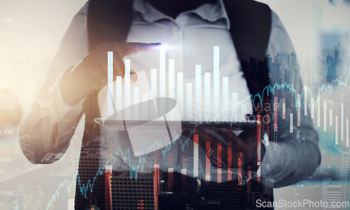 Image of Tablet, overlay or hands trading on stock market chart for financial investment increase or money growth. Hologram, digital or trader studying graphs analytics for data analysis on a forex ai website