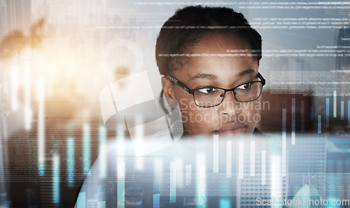 Image of Stock market graphic, cyber security overlay and business woman working and thinking about data. Black woman, fintech and financial employee busy with accounting, invest innovation and website