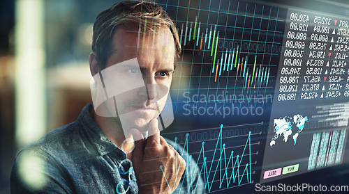 Image of Financial overlay, trading and man analyzing charts for cryptocurrency or forex data on a hologram. Focus, finance and professional male trader studying digital exchange rate graphs for investment.