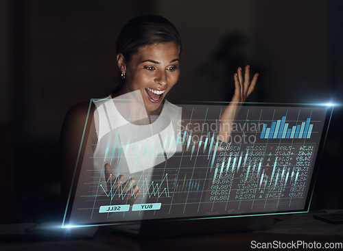 Image of Stock trading, graphs and woman excited with laptop for winning, investment and successful cryptocurrency. Finance growth, hologram and female with wow face, profit bonus and victory in stock market