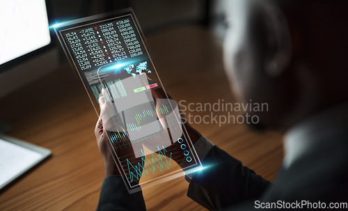 Image of Man hands, phone and digital hologram in office for web desin, online networking and ux cloud computing. Businessman, iot future and fintech software or programming futuristic code for stock markets