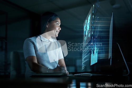 Image of Business woman, computer or futuristic finance in night office planning, stock market trading or global investment management. 3D abstract data, technology or financial worker and happy evening smile