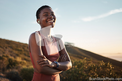 Image of Portrait, black woman and arms crossed outdoor, exercise or fitness for wellness, health or smile. Nigerian female, girl and athlete rest, nature and workout for training, sports or practice to relax