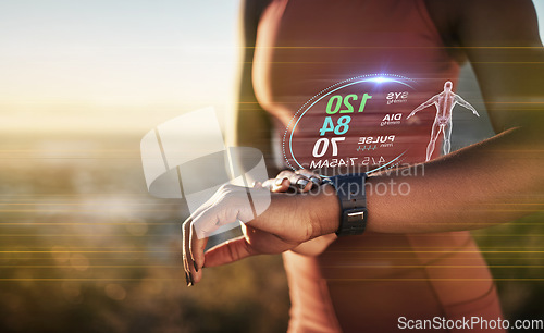 Image of Runner, smartwatch hologram and woman hands for fitness, exercise and reading for health in nature. Black woman, 3d holographic overlay or outdoor workout for wellness, healthy body and wearable tech