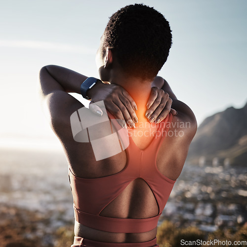 Image of Back pain, fitness and black woman in nature experience running training accident in mountains. Woman athlete back on a run feeling pain from exercise, runner and workout injury on a mountain path