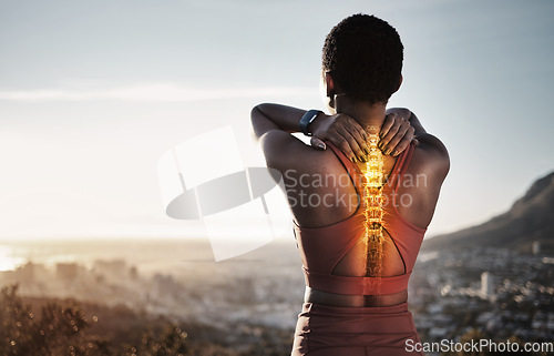 Image of Spine injury, skeleton and back pain of fitness woman on mountains with sky background for sports exercise. Athlete, backache and red body bones for first aid emergency, joint pain and muscle anatomy