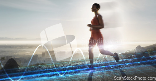 Image of Heart rate hologram, running and black woman on mountains with healthy breath technology. Digital light, woman and runner on a mountain road with training, exercise and health wellness outdoor