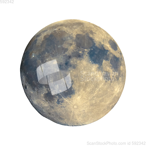 Image of Full moon seen with telescope, enhanced colours, isolated
