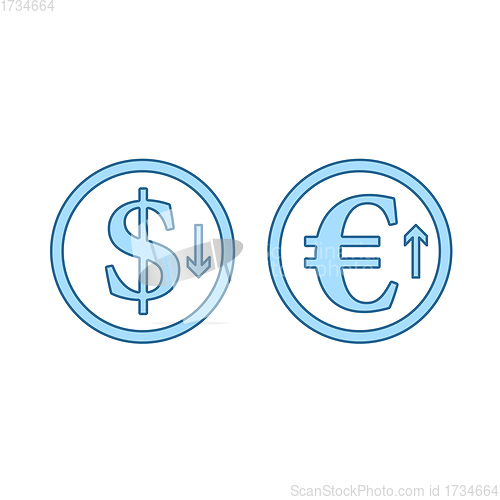 Image of Falling Dollar And Growth Up Euro Coins Icon