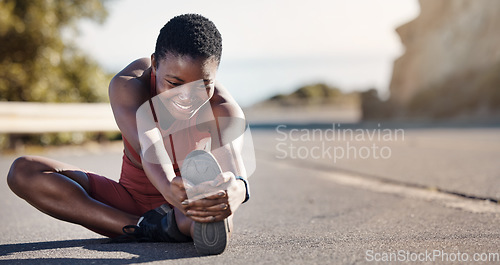 Image of Black woman runner, stretching and street with smile, focus and ready for exercise, training or goal. Woman, happy and warm up muscle for speed, running and fitness in nature for wellness in nature