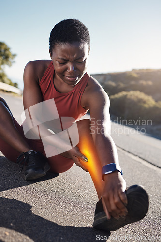 Image of Fitness, black woman and leg injury from sports, accident or running during workout exercise in the nature outdoors. African woman runner suffering in painful legs from muscle tension, sore or bruise