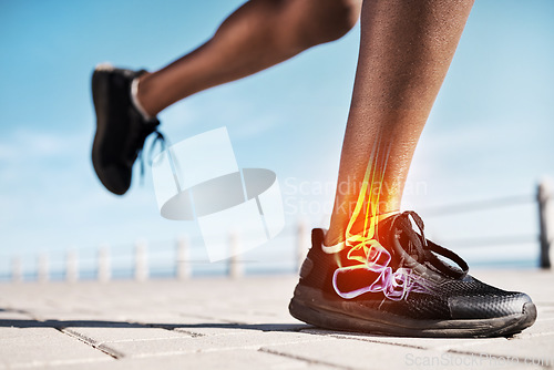 Image of Running shoes, legs or skeleton bone glow in workout, training or exercise with anatomy pain, body stress or joint burnout. Zoom, runner or sports woman with ankle injury and 3d futuristic abstract