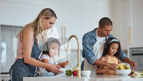 Image of Family, mother and father with girls in kitchen, rinse vegetables and bonding. Love, mama and dad with daughters, child development and loving to prepare salad together for lunch, veggies and cooking