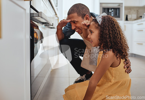 Image of Father, girl and kitchen by oven, baking and learning together for love, bonding or happiness in family home. Dad, female child and happy black family for smile, stove and cooking at house in Chicago