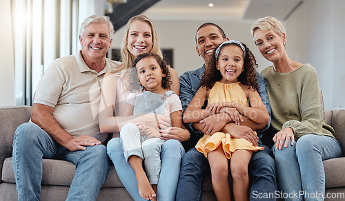 Image of Big family, portrait and relax on sofa in living room, smiling or bonding. Love, diversity or care of grandparents, father and mother with girls on couch, having fun or enjoying quality time together